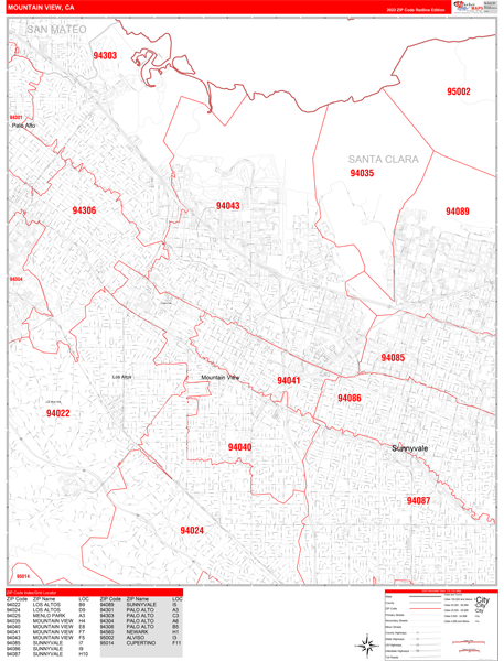 Mountain View City Digital Map Red Line Style
